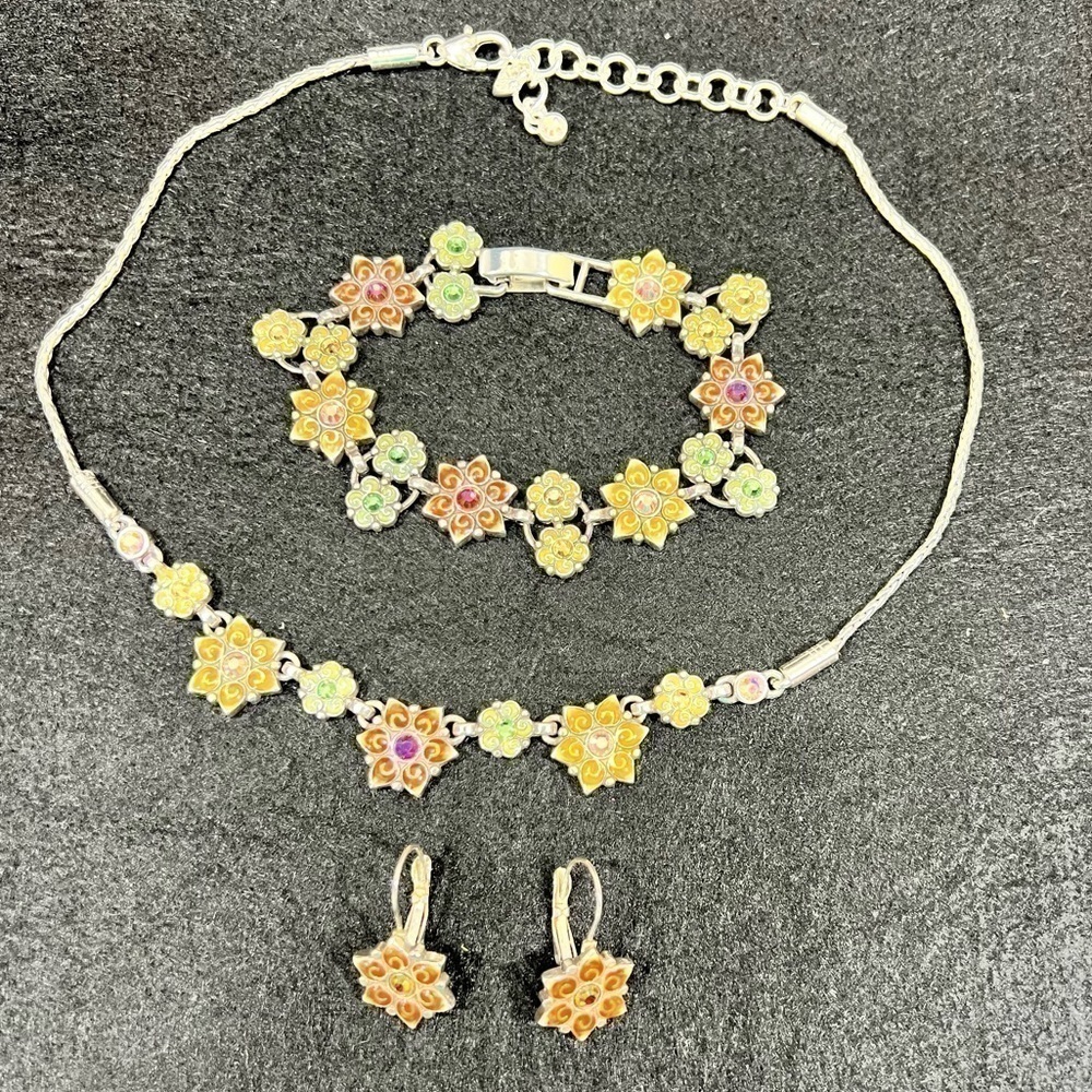 BRIGHTON 3 pc necklace, bracelet, earrings enamels, crystals, floral theme